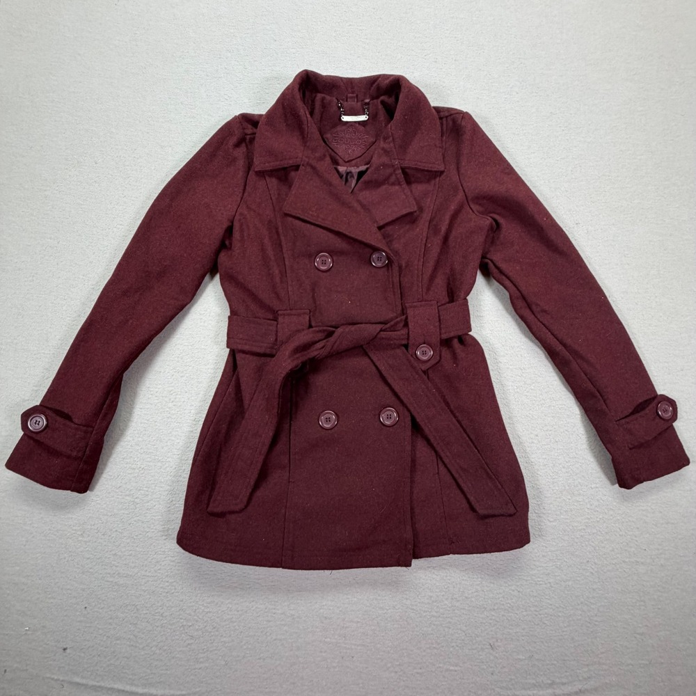 Joujou Pea Coat Womens Medium Excellent Burgundy Belted Double Breasted Jacket